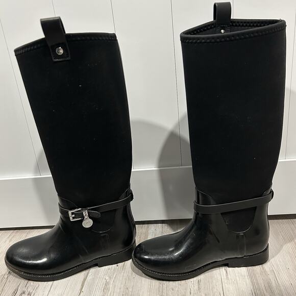 Michael Kors Rain Boots Size 6 Black Rubber & Neoprene. MK Silver Charm Logo. - Picture 3 of 8